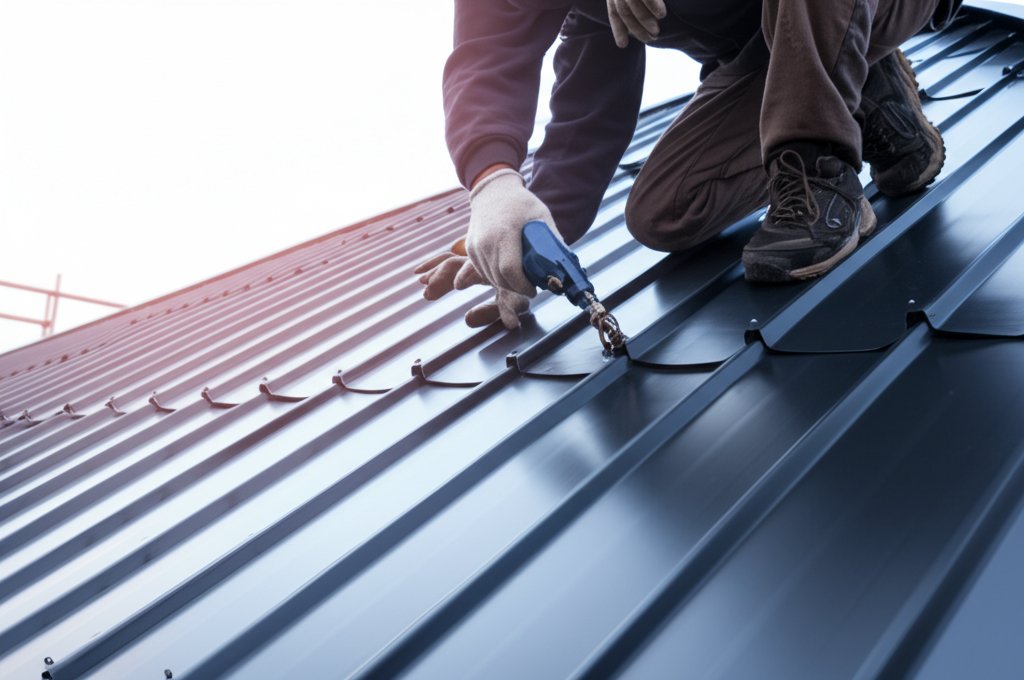 Craftsman working on a metal roof